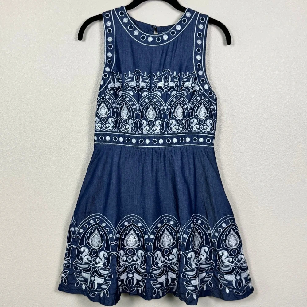 J.O.A Embroidered Denim Dress Open Back Boho Fit Flare Mini S